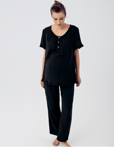 Custom Two Piece Set Muslin Home Wear <b>Women's</b> Sleepwear Lounge Wear <b>Summer</b> <b>Women's</b> Spaghetti Strap Cotton <b>Pajama</b> Nightwear Black - Product Image 4