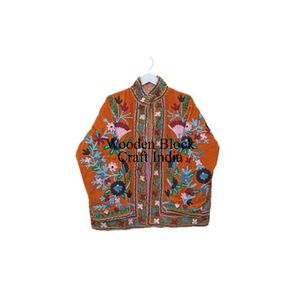 Women's Handmade Short Autumn Winter <b>Jacket</b> Multi-Colour Suzani Stripe Embroidered Design Woven Cotton Fabric <b>Quilted</b> Breathable - Product Image 1
