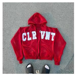 Custom Logo Streetwear Oversized Acid Washed Heavyweight Zip up Hoodie Distressed Letter <b>Patch</b> Work Embroidery Zip up Hoodies - Product Image 4