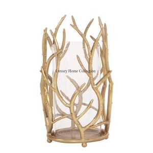 Bougeoir d'art créatif en fer en métal de conception de feuille de fantaisie et support votif en verre de forme ronde fait à la main de concepteur de fantaisie - Product Image 4