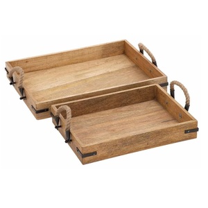Ensemble fait main de 3 plateaux de service polyvalents en bois d'acacia plateaux en bois élégants avec poignée en métal pour le service de thé à la maison et la décoration - Product Image 1