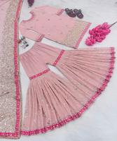 Atasan Sharara Viscose Rayon dengan Bordir, Pakaian Pesta India Desainer, Setelan Salwar