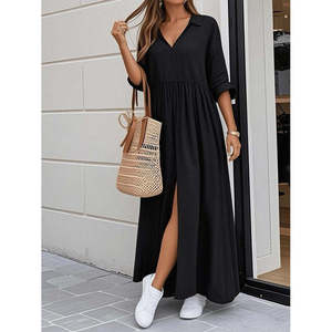 Robe longue Aerobin à manches Truvakar et col en V pour femme, 36042 - Noir - Product Image 1