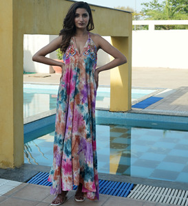 Robe Maxi Spaghetti de Designer Indien Travail à la Main Multi Tie Dye pour Femmes - Product Image 3