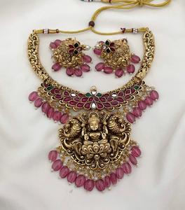 Hermoso conjunto de collar de Templo de calidad superior con conjunto de collar chapado en oro con pendientes para ropa de boda para mujer - Product Image 4