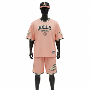 Ensemble short de basketball pour homme, vêtements de sport légers, tissu en maille polyester GSM, couleur pêche, logo personnalisé imprimé à chaud, ensemble short pour homme - Product Image 1