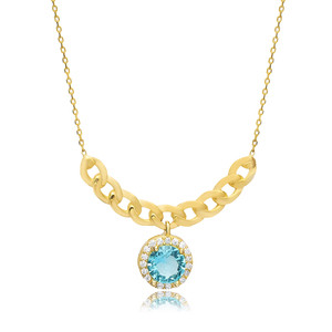 Forma redonda Paraiba CZ piedra encanto collar venta al por Mayor turco 925 joyería de plata colgante hecho a mano - Product Image 3