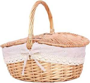 Panier en rotin tissé à la main de haute qualité, écologique, avec poignée, couvercle et doublure, moderne, pour le rangement, les fleurs, les aliments, les pique-niques, multi-usages - Product Image 1