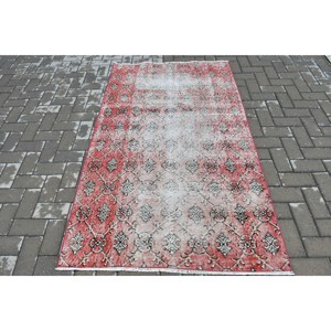 Vintage Accent Rug 3.7x6.2 ft, Turkish <b>Red</b> Bordered <b>Wool</b> Rug - Product Image 1