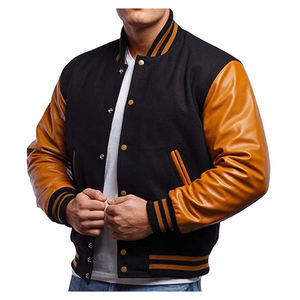 <b>Mens</b> <b>Black</b> and Tan Varsity Style Jacket Leather Style Sleeves Quilted Lining Striped Ribbed Trim Snap Button Urban Fashion Coat - Product Image 1