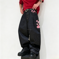 Jeans vintage noirs délavés pour hommes, coupe large, style streetwear, pantalon baggy avec broderies