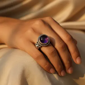 Boucles d'oreilles fines en argent 925 pour femmes, bijoux en pierre précieuse améthyste, bague - Product Image 1