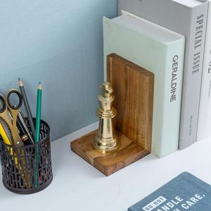 Decorative Chess Piece <b>Bookends</b> with Gold Finished and Wooden Base for Study Room Play Area and Office Spaces From India - Product Image 3