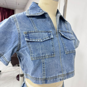 Ensemble deux pièces décontracté pour femme, été, jean, motif uni, haut court, mini-jupe, décoration en cristal, streetwear tendance, manches courtes - Product Image 4