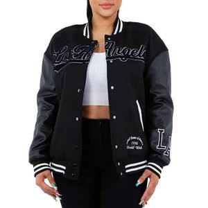 Top Quality <b>Short</b> Black Body with Leather <b>Sleeves</b> OEM Patch High Quality Newest Design Lettermen Varsity <b>Jacket</b> for Women 2025 - Product Image 1