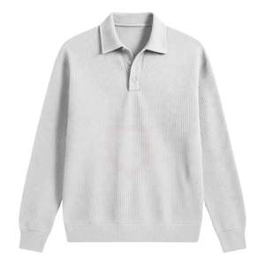 Polo de Punto Gris Claro para Hombre, Manga Larga, Cuello con Botones, Corte Holgado, Textura Casual, Suéter para Primavera y Otoño - Product Image 3
