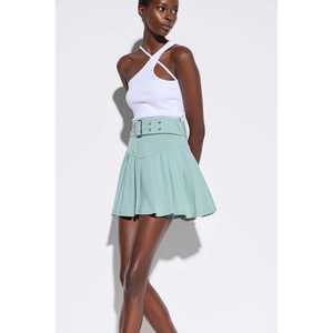 Jupe à volants vintage avec ceinture, tissage non tissé, design plissé, matière en cuir spandex, style décontracté, imprimé uni, décoration ajustée - Product Image 2