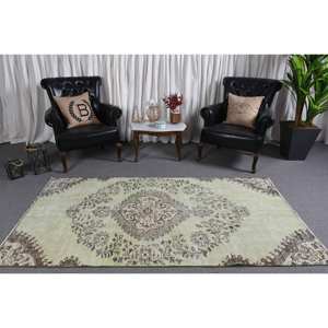 พรมขนสัตว์สีเขียวเบจ4.1 x 7.8ft แบบดั้งเดิมพรมตุรกีสี่เหลี่ยมผืนผ้าเย็บปะติดปะต่อกันสำหรับห้องโถงห้องนอนน้ำยาง - Product Image 1