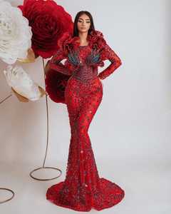 Vestido de novia Antiestático Patrón floral rojo Manga completa A-Line Silueta Hasta el suelo Fiesta de noche Vestido de cóctel Eventos - Product Image 6