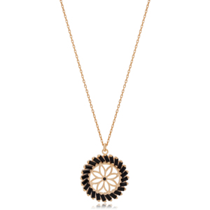 Diseño de flores, piedra Baguette negra, forma redonda, Theia colgante de plata, joyería de Ley 925 hecha a mano turca - Product Image 6