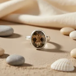 Anillo Ajustable de Plata de Ley 925 con Cuarzo Ahumado, Hipoalergénico, Corte Facetado, Moderno y Elegante, con Incrustaciones de Piedras Preciosas Naturales, Regalo para - Product Image 1