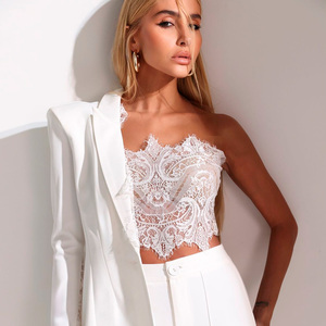 White Solid Lace Trim Women <b>Blazer</b> <b>Set</b> Anti Wrinkle Breathable Lapel Jacket and Pants Office Formal Wear - Product Image 3