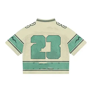 Camiseta de fútbol de malla transpirable con sublimación personalizada para hombres, ropa deportiva americana con bolsillos y cuello en V de diseño de gran tamaño recortada - Product Image 6