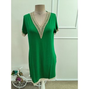 Women's Short-<b>Sleeved</b> V-Neck <b>Lace</b> Viscose Short Dress, 36715 - Green - Product Image 4