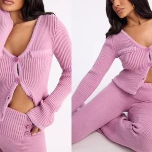 Ensemble deux pièces en tricot pour femme, automne 2026, avec logo personnalisé, haut court à manches longues, pull boutonné, survêtement, ensembles de pulls pour femme - Product Image 4