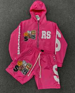 Conjunto de ropa deportiva bordada con cremallera personalizada para hombre, Sudadera con capucha y pantalones cortos de nailon neutro con retazos bordados, chándal Unisex - Product Image 1