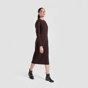 Robe élégante marron à motif floral en viscose, taille unique, avec fermeture éclair, taille naturelle, ajourée, lavable, longueur ras du sol - Product Image 3