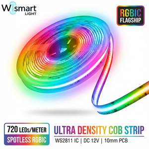 Bande lumineuse <span class=keywords><strong>LED</strong></span> COB RGBIC adressable DC 12V WS2811, 720 <span class=keywords><strong>LED</strong></span>/m, haute densité, PCB 10mm, bande sans points de couleur de rêve pour la décoration de jeux - Product Image 1
