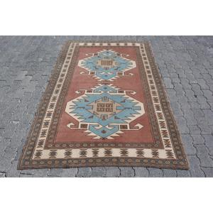 Turkish Vintage Rug, 4.6x7 ft Rug, <b>Brown</b> Striped <b>Wool</b> Rug - Product Image 1