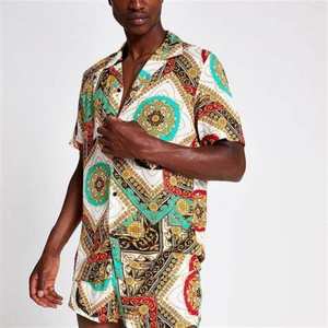 Conjunto informal de dos piezas de verano para hombre, ropa de calle, camisa de manga corta con botones de tela de rizo, pantalones cortos de playa para vacaciones - Product Image 2