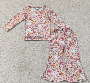 Conjuntos de ropa de Halloween para niñas, camisa con estampado de flores y fantasmas, pantalones acampanados - Product Image 4