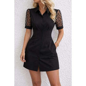 Robe courte en crêpe importé, à manches courtes, col et fermeture boutonnée sur le devant, 37669 - Noir - Product Image 4