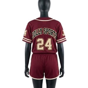 Ensemble short de baseball personnalisé pour femme en polyester interlock, avec passepoil marron et logo brodé en twill, pour femmes - Product Image 2