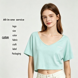 T-shirt court décontracté pour femme, col en <span class=keywords><strong>V</strong></span> oversize, en modal doux et respirant, à manches courtes, basique pour le quotidien - Product Image 1