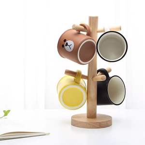 House Shape Wood Mug Rack Coffee Cup Holder Stand Countertop Kitchen <b>Storage</b> Natural Wooden Display Hanger Base Double Pole - Product Image 3