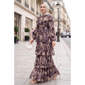 Robe de soirée Yoryo en mousseline de soie marron café, ceinturée, taille empire, coupe trapèze, style vintage - Product Image 1