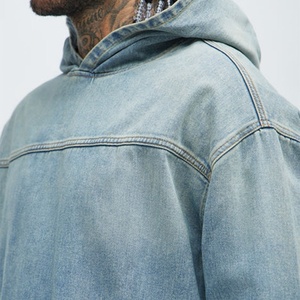 แจ็กเก็ตผ้ายีนส์ฟอกสีกรดของผู้ชายเสื้อฮู้ดแบบสวมหัวทรงโอเวอร์ไซส์ปักลายวินเทจผ้าคอตตอนระบายอากาศได้ดีมาใหม่ - Product Image 3