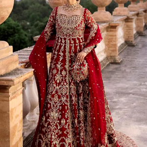 NEW-HEAVY EMBROIDERY <b>BRIDAL</b>-<b>JACKET</b>,LEHENGA & DUPATTA WITH EMBELLISHED CRYSTAL GLASS BEADS,STONE,DABKA WORK for WEDDING=2024 - Product Image 1