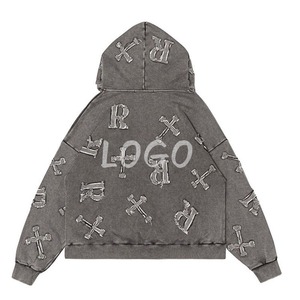 Patchs personnalisés en denim vieilli lettres brodées, sweat à capuche surdimensionné vintage en détresse, sweat à capuche OEM Streetwear, lavé à l'acide - Product Image 6
