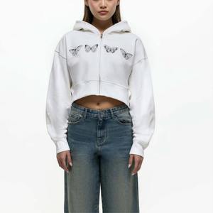 Sudadera con capucha y cremallera recortada lavada para mujer a la moda con efecto lavado único y dobladillo acanalado para un estilo informal de calidad, última oferta - Product Image 1