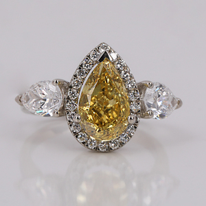 Yellow Pear Cut Lab Created Diamond Three Stone Halo Engagement Ring Round Cut Diamond 14KT Solid Gold Anniversary Gift Ring - Product Image 1