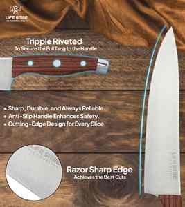 LIFE SMILE Ensemble de 8 couteaux de chef et sontuku en acier inoxydable avec support et aiguiseur de couteaux - Product Image 5