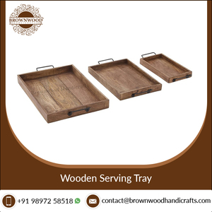 Juego de 3 bandejas para servir comida de madera hechas a mano de alta calidad con asas de metal Diseño rectangular personalizado Perfecto para restaurante de hotel - Product Image 2