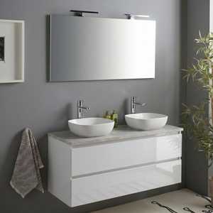Meuble de salle de bain suspendu blanc brillant de 100 cm avec miroir en béton et lampe Benaco - Product Image 2