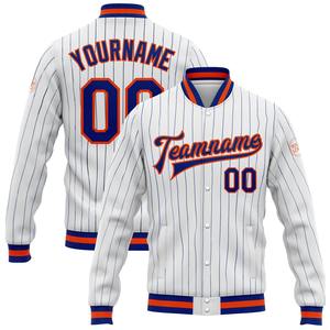 Directo de la industria, venta al por mayor, informal, de invierno, personalizado, blanco, a rayas, Royal-Orange Bomber Full-Snap Varsity Letterman Jacket - Product Image 1