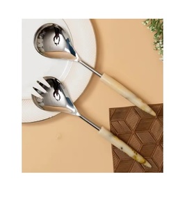 Nouveau décoratif en acier inoxydable argent salade serveur longue paille Style laiton à la main poignée vaisselle salade serveur ensemble - Product Image 1